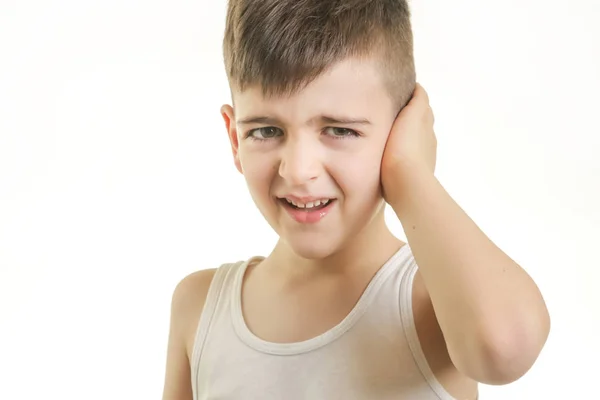 Studio Shot Van Jongen Met Oorpijn Kan Niet Hoor Concept — Stockfoto