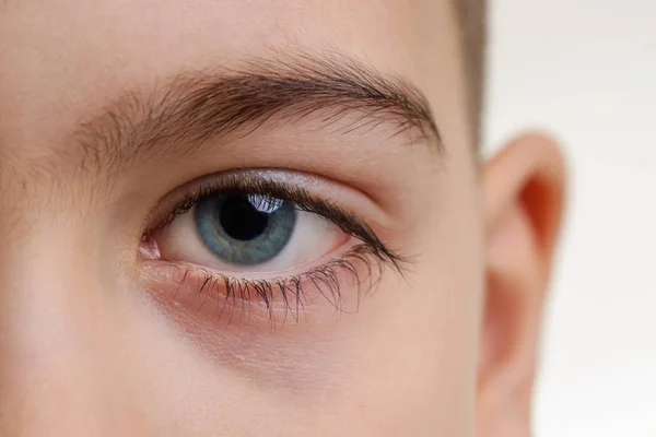 Close Van Een Blauwe Jongen Oog Kijken Naar Camera — Stockfoto