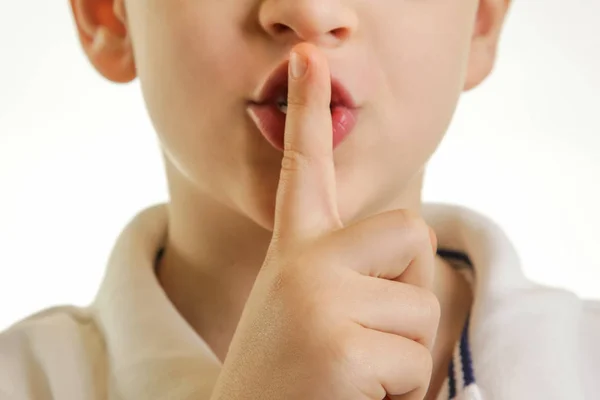 Studio Shot Young Boy Finger Lips Silent Gesture Royalty Free Stock Images