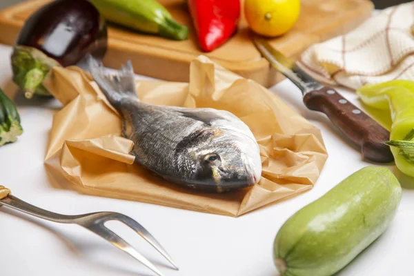 Ingredientes Cocina Pescado Verduras Dorados —  Fotos de Stock