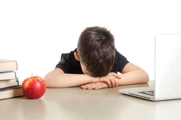 Young Tired Student Taking Nap Front Laptop — Stock Photo, Image