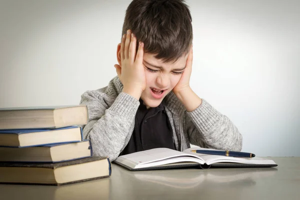 Studio Portrait Young Boy Struggling His Homework Learning Difficulties Concept — Stock Photo, Image