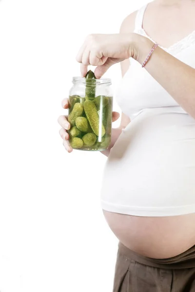 Έγκυος Γυναίκα Κρατώντας Βάζο Τουρσί Έννοια Πόθο Τροφίμων Εγκυμοσύνη — Φωτογραφία Αρχείου