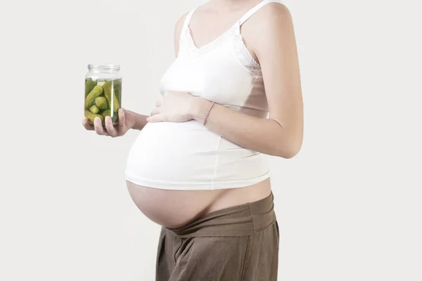 Pregnant Woman Holding Jar Pickles Pregnancy Food Craving Concept — Stock Photo, Image