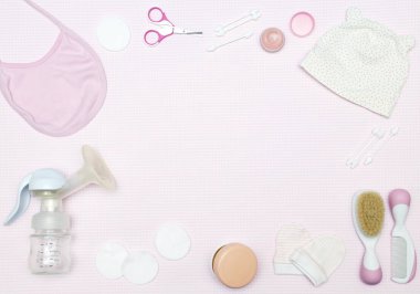 Newborn items on the pink background, knolling style. Top view. Flat lay. clipart
