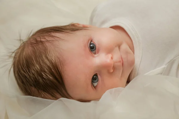 Çok Güzel Iki Aylık Bebek Beyaz Kumaş Sarılmış — Stok fotoğraf