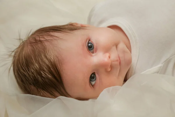 Adorable Bébé Deux Mois Enveloppé Dans Tissu Blanc — Photo