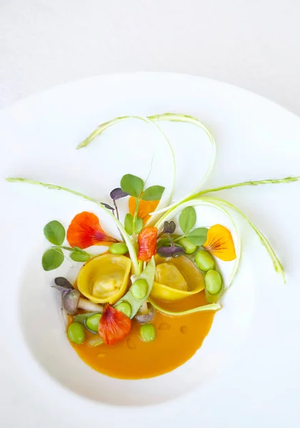Ravioli Zöldségek Kreatív Étterem Étel Fogalmát Haute Couture Élelmiszer — Stock Fotó