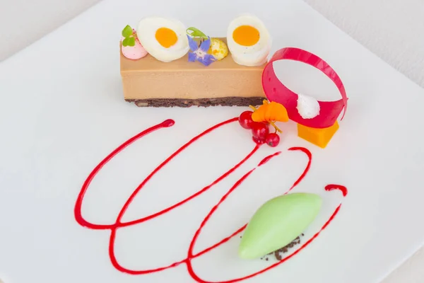 Elegant dessert in plate, molecular gastronomy, haute couture dessert