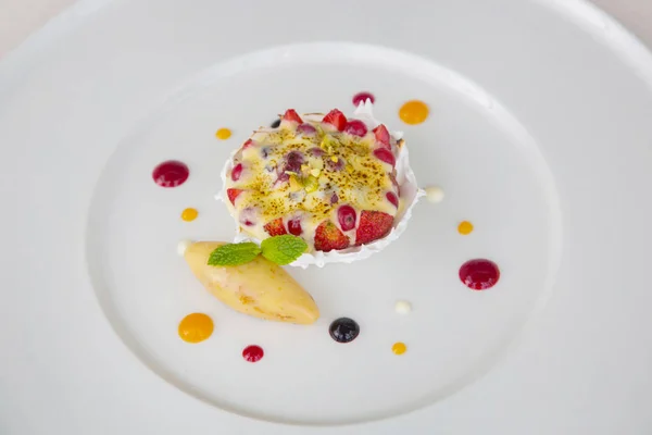 Elegant dessert in the plate, molecular gastronomy, haute couture dessert