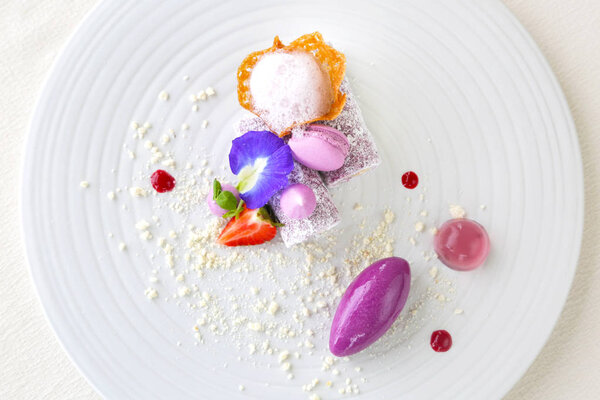 Elegant dessert in plate, molecular gastronomy, haute couture dessert