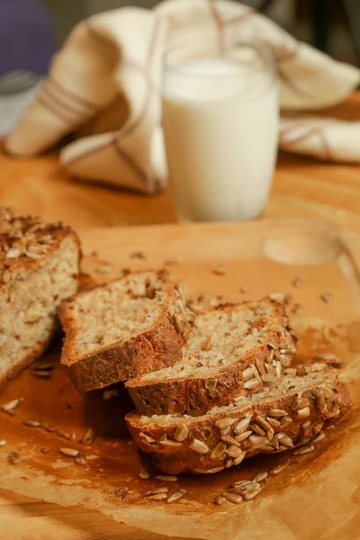 Homemade Fresh Baked Bread Glass Milk — Stock Photo, Image