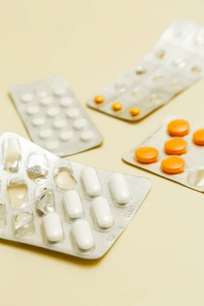 Assorted Pills Yellow Background — Stock Photo, Image