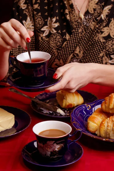 Simple Delicious Meal Freshly Baked Croissants Butter Cup Tea — Stock Photo, Image