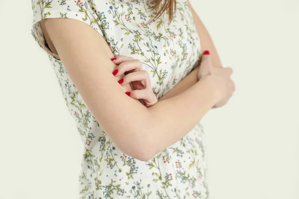 Close View Woman Scratching Her Arm Health Care Medical Concept — Stock Photo, Image