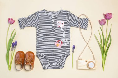 Bebek bahar kıyafeti, üst görünüm, çıplak vücut, Ayakkabı, ahşap kamera oyuncak ve Pembe lale