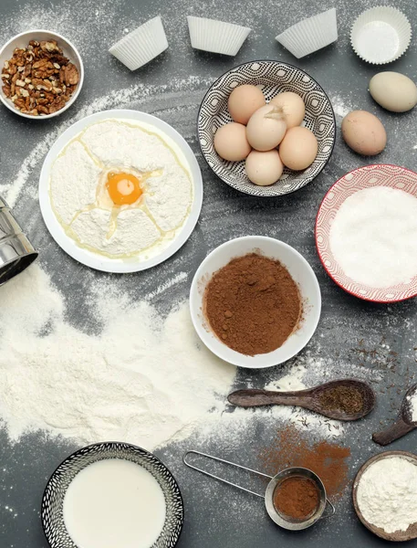 Creëren Van Een Recept Het Bovenaanzicht Van Basisingrediënten Van Bakken — Stockfoto