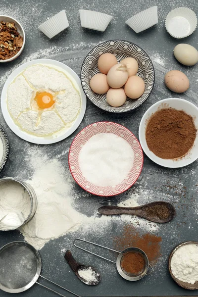 Skapa Ett Recept Ovanifrån Grundläggande Bakning Ingredienser Och Köksredskap Den — Stockfoto