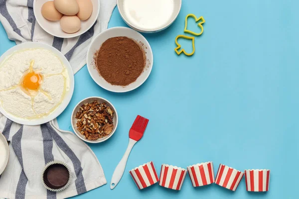Skapa Ett Recept Ovanifrån Grundläggande Bakning Ingredienser Och Köksredskap Blå — Stockfoto