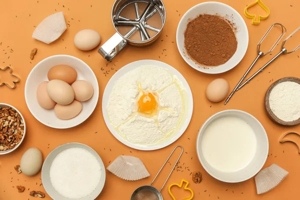 Vytvoření Recept Pohled Shora Složky Potraviny Oranžové Pozadí Vaření Koncepce — Stock fotografie