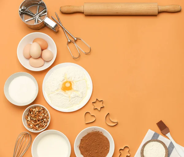 Creación Una Receta Vista Superior Del Ingrediente Alimentario Fondo Naranja —  Fotos de Stock