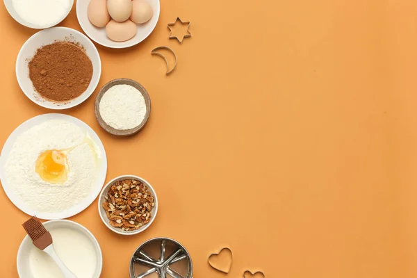 Creación Una Receta Vista Superior Del Ingrediente Alimentario Fondo Naranja — Foto de Stock