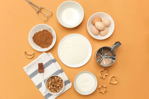 Creación Una Receta Vista Superior Del Ingrediente Alimentario Fondo Naranja —  Fotos de Stock