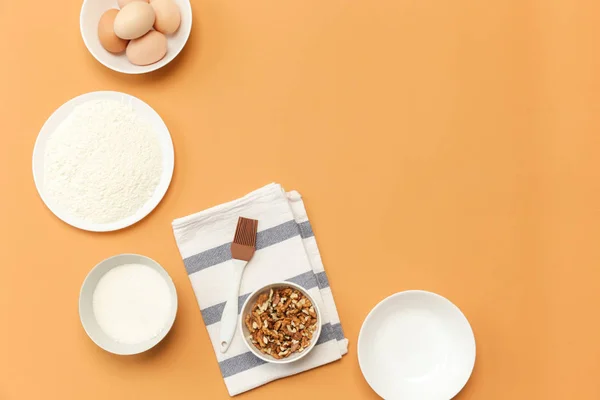 Creëren Van Een Recept Bovenaanzicht Van Voedselingrediënt Oranje Achtergrond Koken — Stockfoto