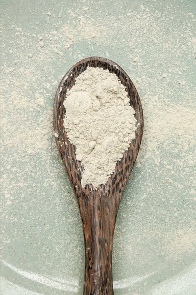 Top View Cosmetic Clay Powder Wooden Spoon — Stock Photo, Image