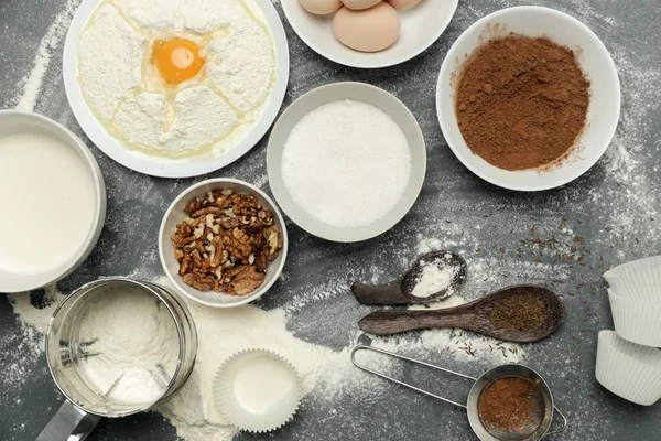 Creëren Van Een Recept Het Bovenaanzicht Van Basisingrediënten Van Bakken — Stockfoto