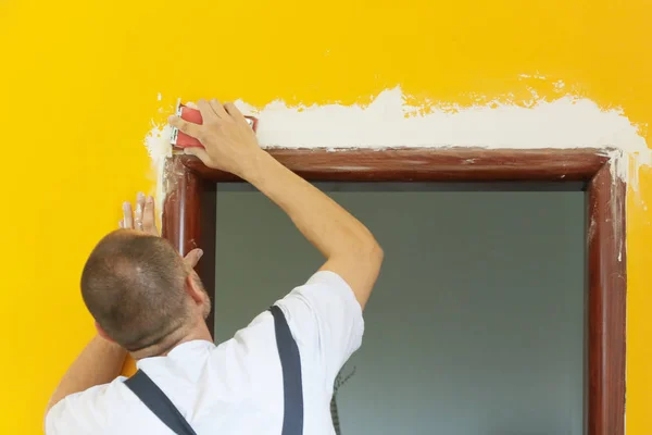 Pared Lijado Con Bloque Lijado Después Del Recubrimiento Descremado Preparación — Foto de Stock