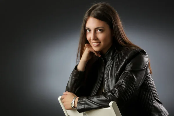 Studio Portrait Cute Smiley Woman Wearing Black Leather Jacket Dark Royalty Free Stock Images