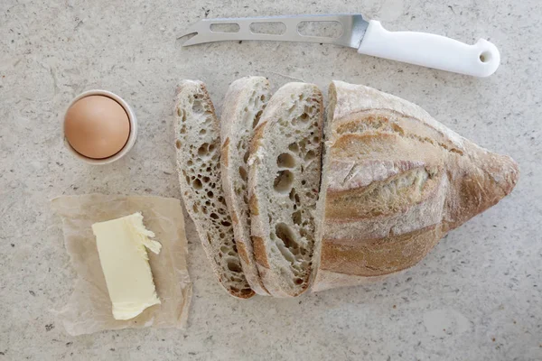 Top View Simple Breakfast Sliced Homemade Bread Boiled Egg Butter — Stock Photo, Image