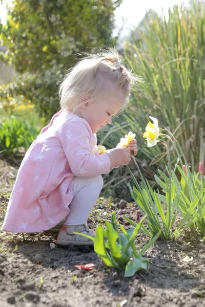 Bedårande Bebis Flicka Rosa Klänning Njuter Sommardag Trädgården Helg Landsbygden — Stockfoto