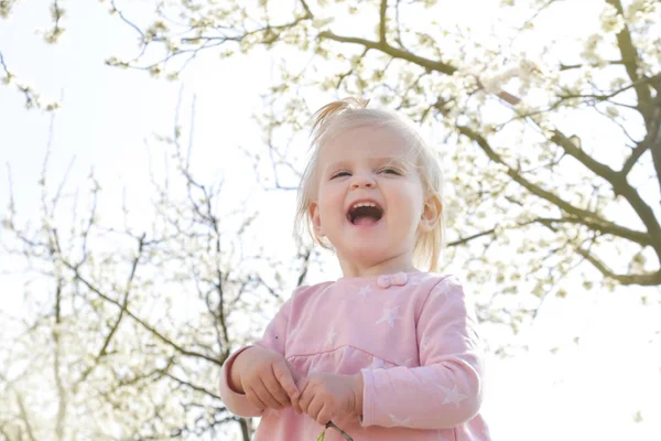 Очаровательная Маленькая Девочка Розовом Платье Наслаждается Днем Цветущем Саду Выходными — стоковое фото