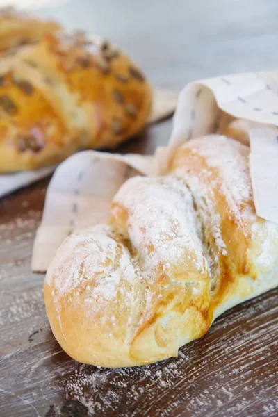 Homemade Fresh Baked Bread Wooden Table — Stock Photo, Image