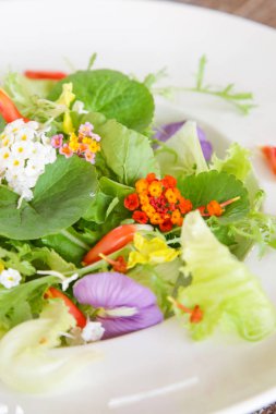 Taze bahar yeşillikleri ve yenilebilir çiçek salatası