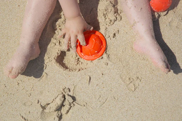 Little Toddler Girl Playing Sand Beach Stock Photo