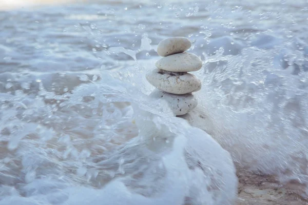 Balance Zen Stones Pyramid Pebble Beach Splashing Wave Stability Balance Stock Image