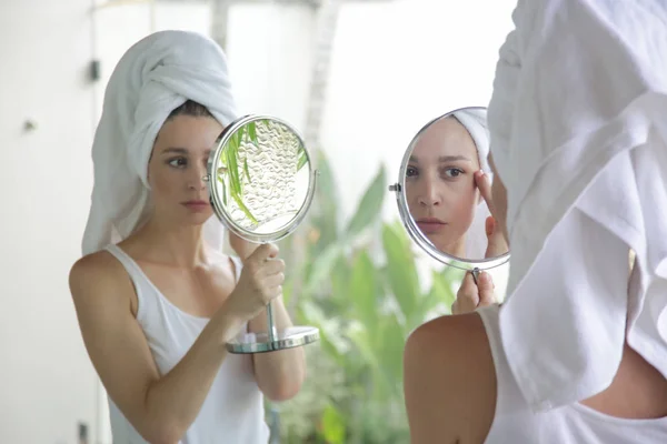 Portrait Beautiful Young Woman Towel Head Standing Bathroom Examining Her — Stock Photo, Image