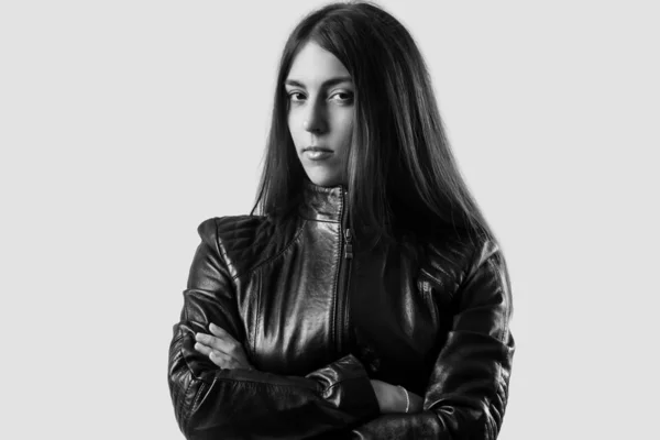 Studio Portrait Young Woman Long Brown Hair Wearing Black Leather — Stock Photo, Image