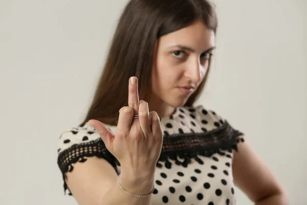 Young Woman Showing Screw You Sign Middle Finger Angry Woman — 스톡 사진