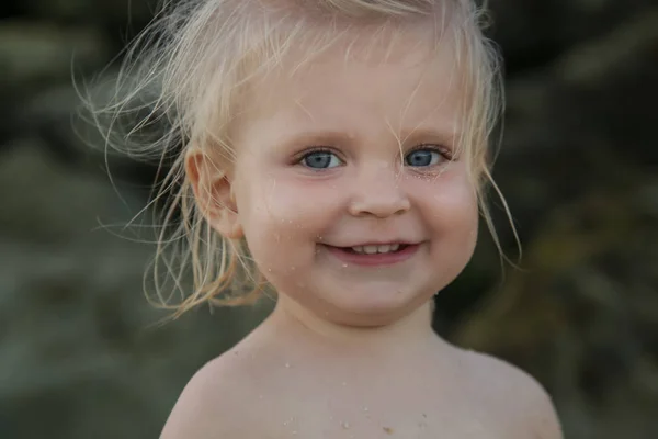 Candid Outdoor Headshot Adorable Blond Toddler Girl — Stock Photo, Image