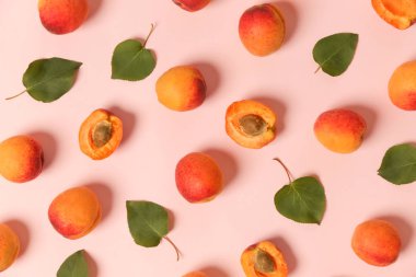 Pembe bir arka planda kayısı, düz olgun kayısı ve yaprakları görüntü yatıyordu