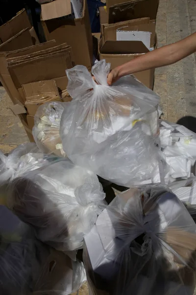 Bolsas Basura Plástico Blanco Basura Apiladas Calle — Foto de Stock