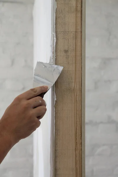 Prozess Des Verputzens Der Wand Mit Einem Spachtel Messer Befestigung — Stockfoto