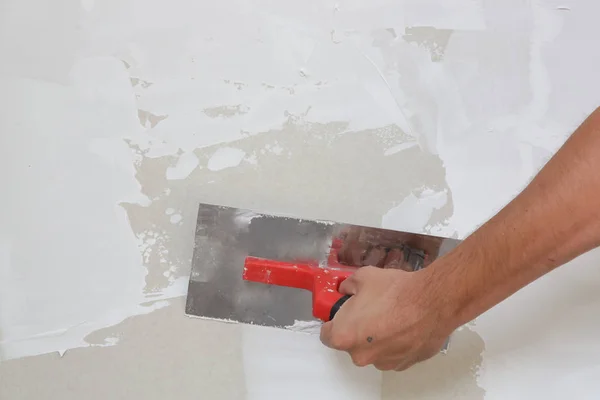 Process Plastering Wall Putty Knife Fixing Wall Surface Preparation Painting — Stock Photo, Image