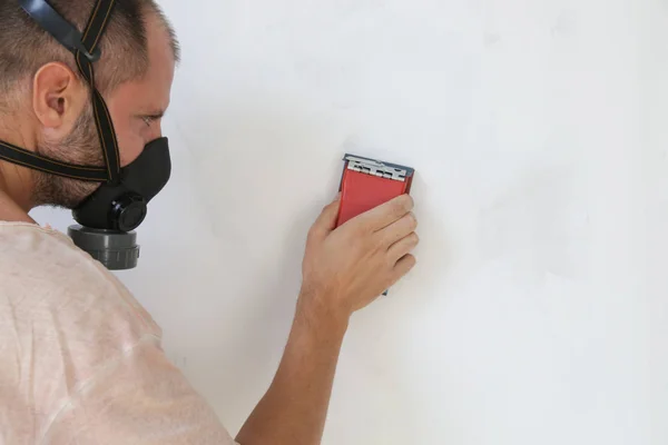 Process Sanding Wall Sanding Block Skim Coating Preparation Painting Renovation — Stock Photo, Image
