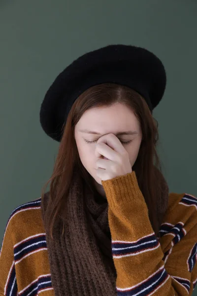 Studioaufnahme Einer Jungen Frau Die Symptomen Einer Sinusinfektion Sinusitis Leidet — Stockfoto