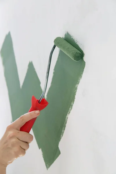 Paint roller. Process of painting with green paint over a white wall.